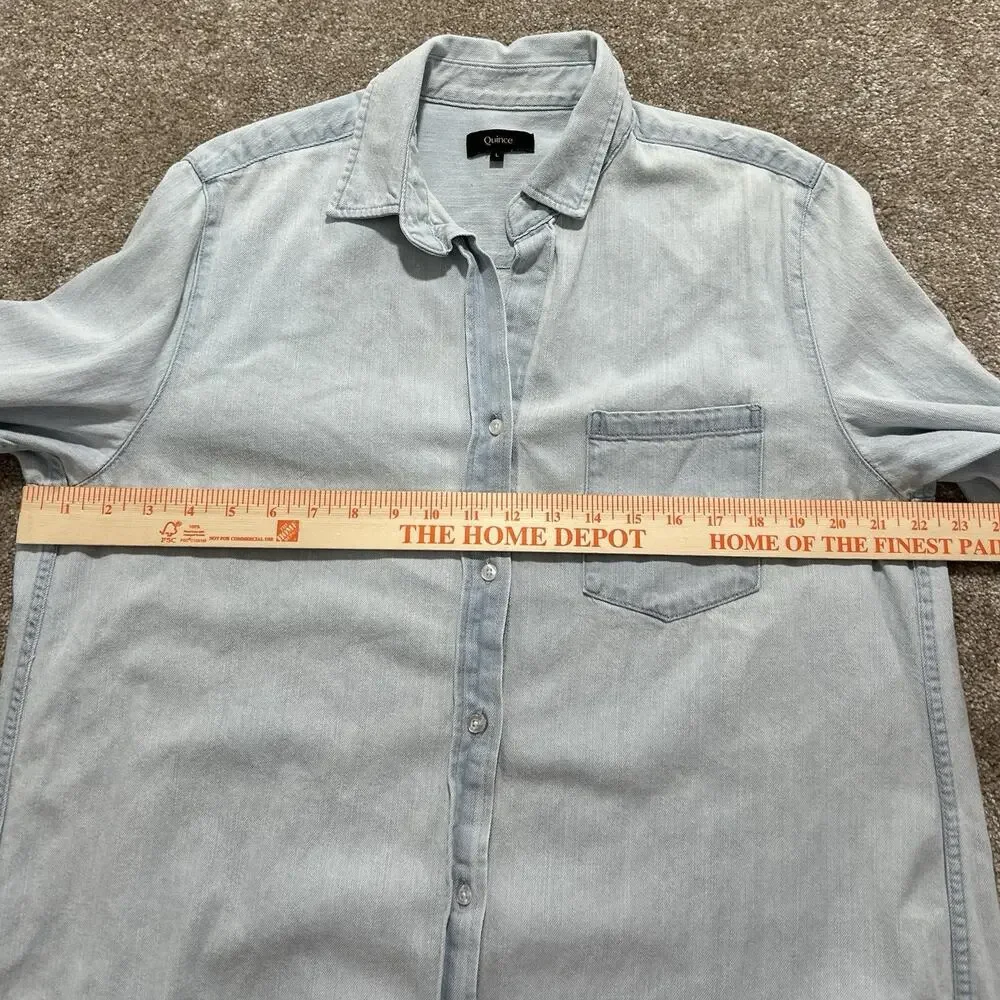 QUINCE Womens L Distressed Denim Mini Shirt Dress in Light Chambray - Picture 3 of 8